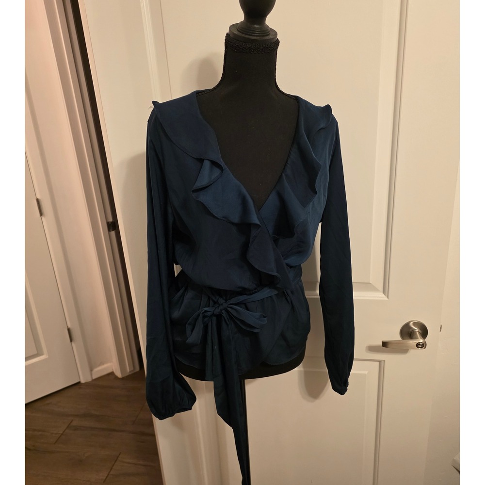Max Studio Womens Dark Teal Ruffled Crossover Wrap Blouse Long Sleeve Tie Medium